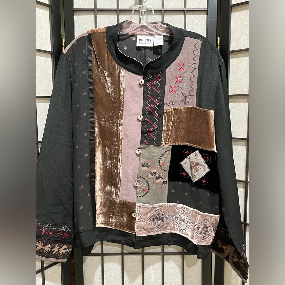 Chico’s Design Eclectic Silk / Velvet Patchwork Button Front Jacket - Size L View 3